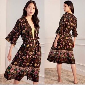 Anthropologie Pintucked Floral Robe kimono sleeves belted swim cover lightweight